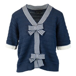 Women's short sleeve striped bow cardigan navy blue